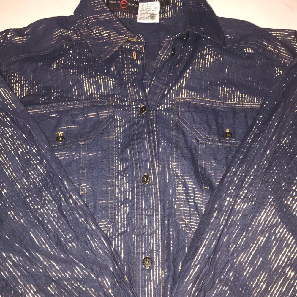 Women's Navy Button-Down Shirt with Metallic Stripe